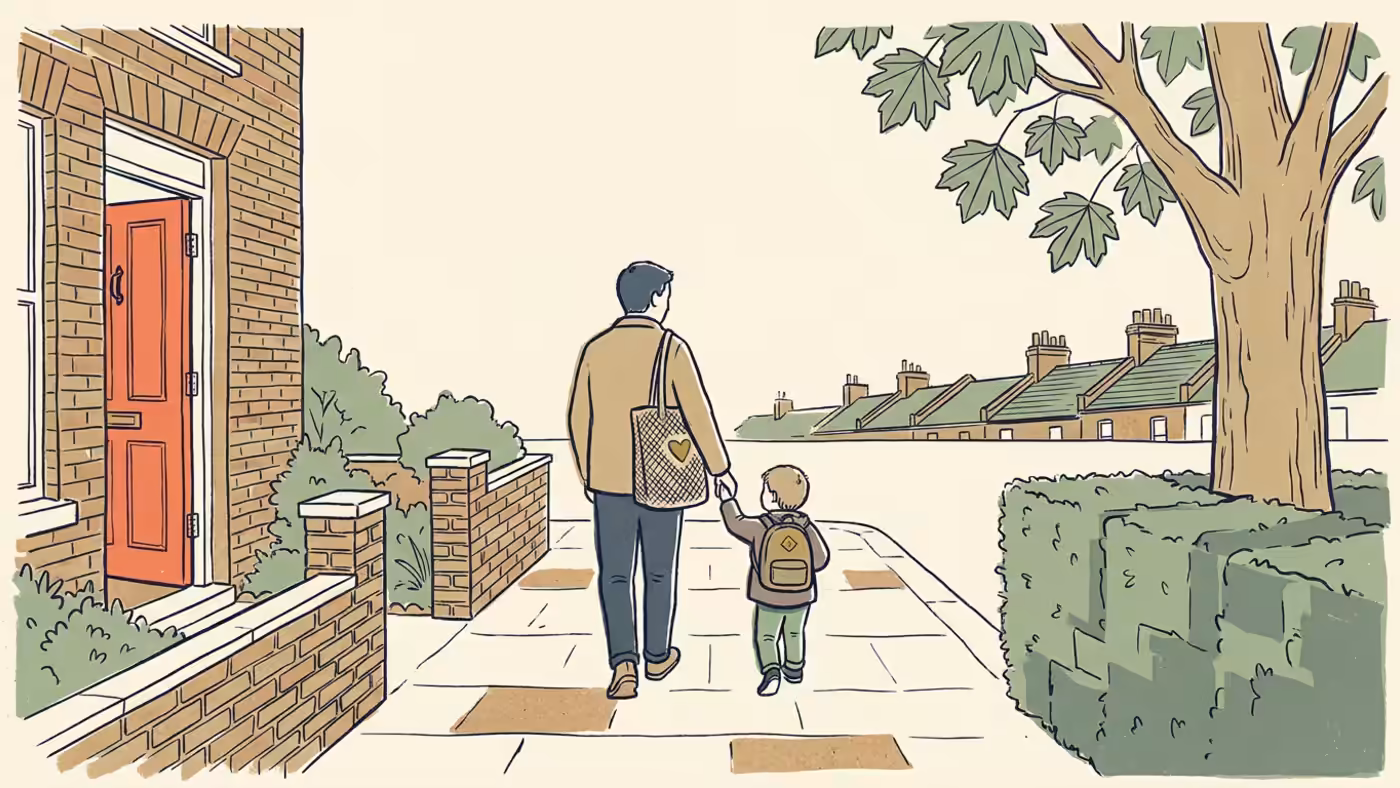 A parent and child walking to nursery along a British residential street.